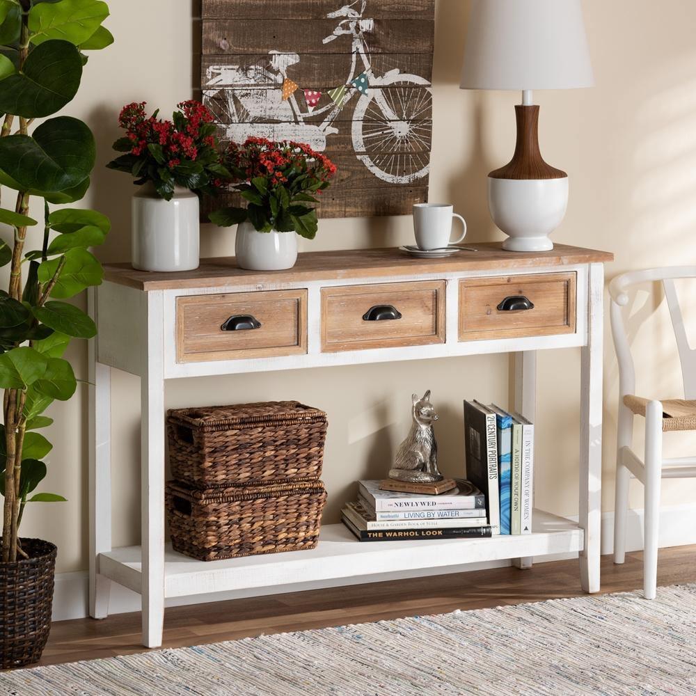 Benedict Traditional Farmhouse and Rustic Two-Tone White and Oak Brown Finished Wood 3-Drawer Console Table FredCo