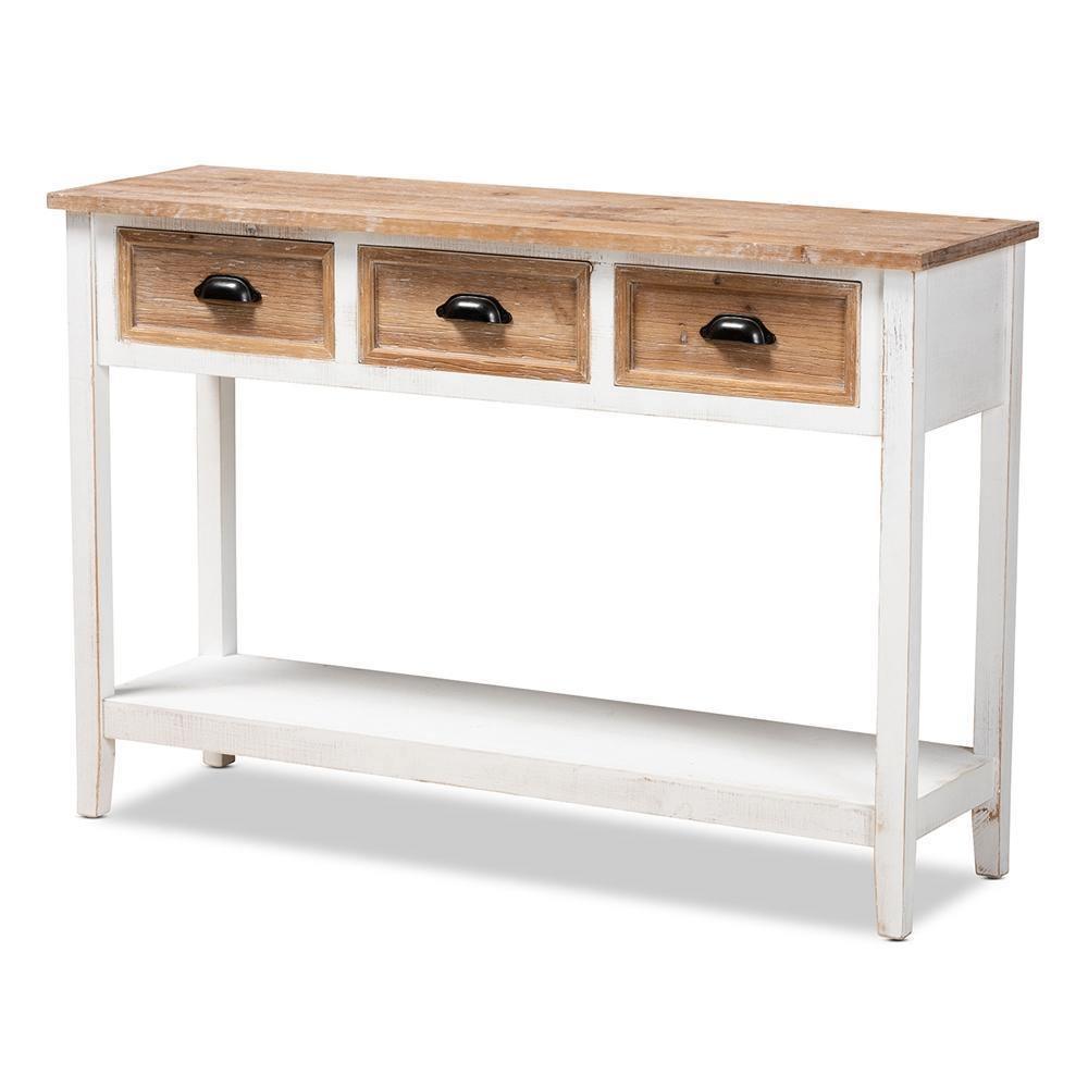 Benedict Traditional Farmhouse and Rustic Two-Tone White and Oak Brown Finished Wood 3-Drawer Console Table FredCo