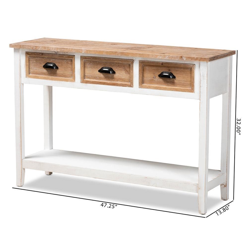 Benedict Traditional Farmhouse and Rustic Two-Tone White and Oak Brown Finished Wood 3-Drawer Console Table FredCo