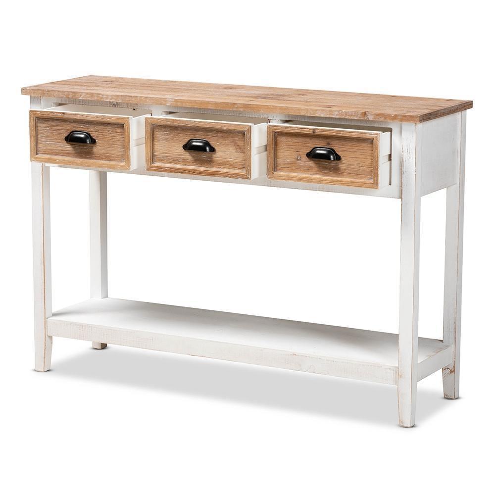 Benedict Traditional Farmhouse and Rustic Two-Tone White and Oak Brown Finished Wood 3-Drawer Console Table FredCo