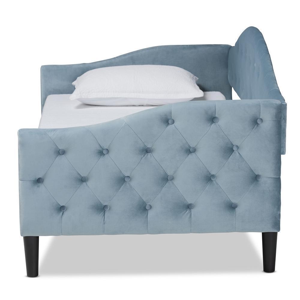 Benjamin Modern and Contemporary Light Blue Velvet Fabric Upholstered and Dark Brown Finished Wood Twin Size Daybed FredCo