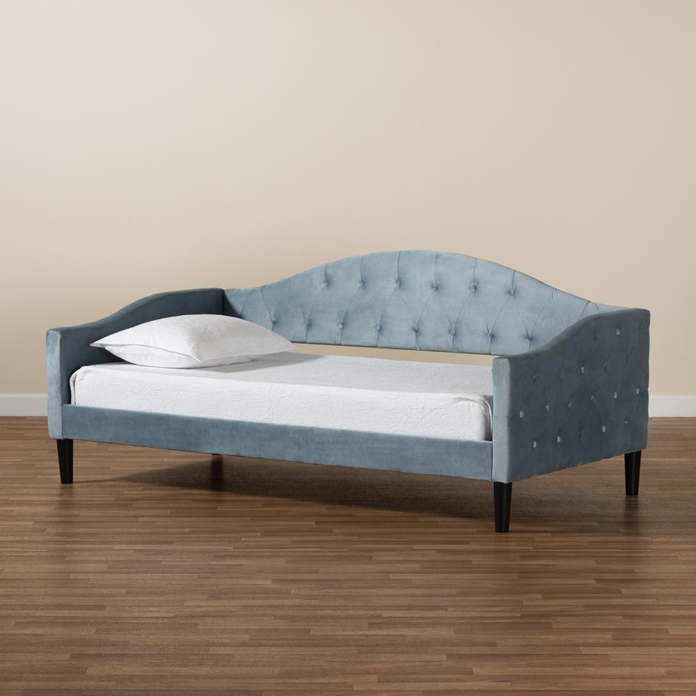 Benjamin Modern and Contemporary Light Blue Velvet Fabric Upholstered and Dark Brown Finished Wood Twin Size Daybed FredCo