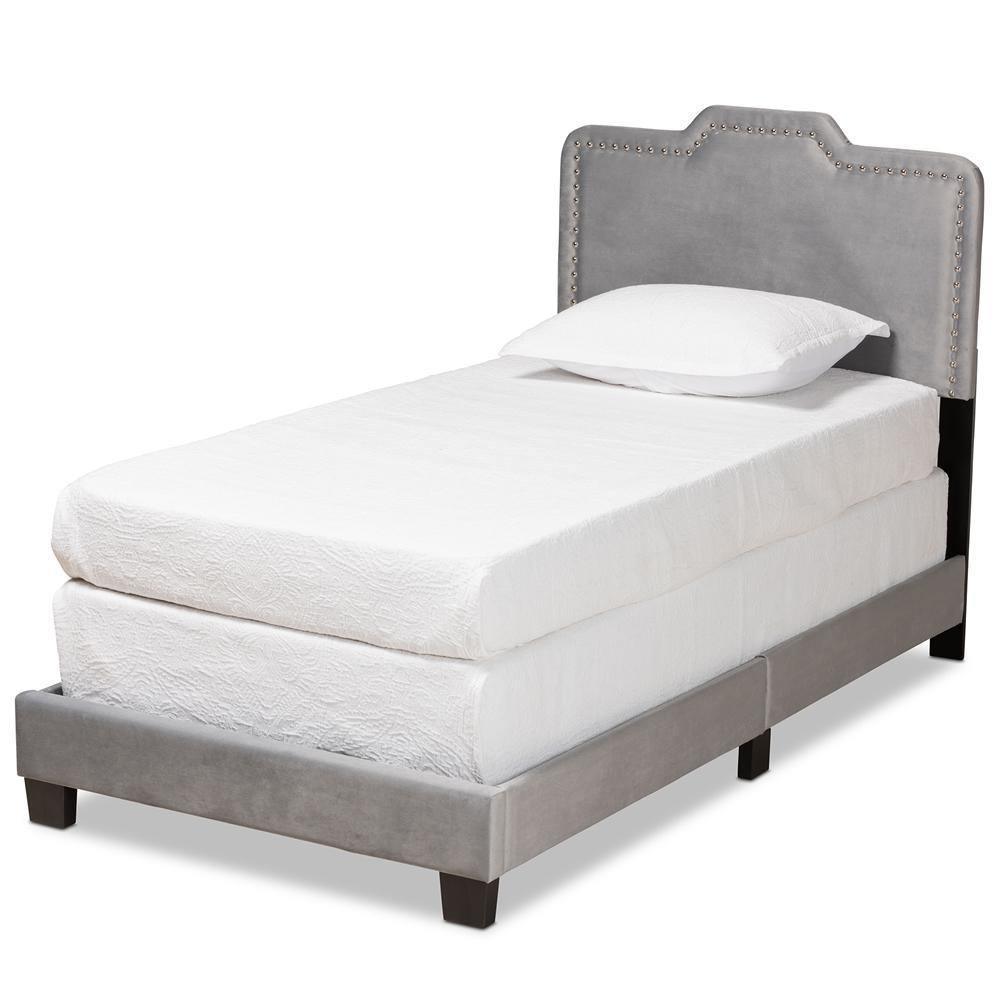 Benjen Modern and Contemporary Glam Grey Velvet Fabric Upholstered Twin Size Panel Bed FredCo