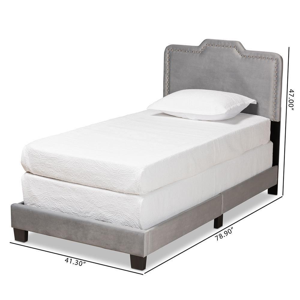 Benjen Modern and Contemporary Glam Grey Velvet Fabric Upholstered Twin Size Panel Bed FredCo