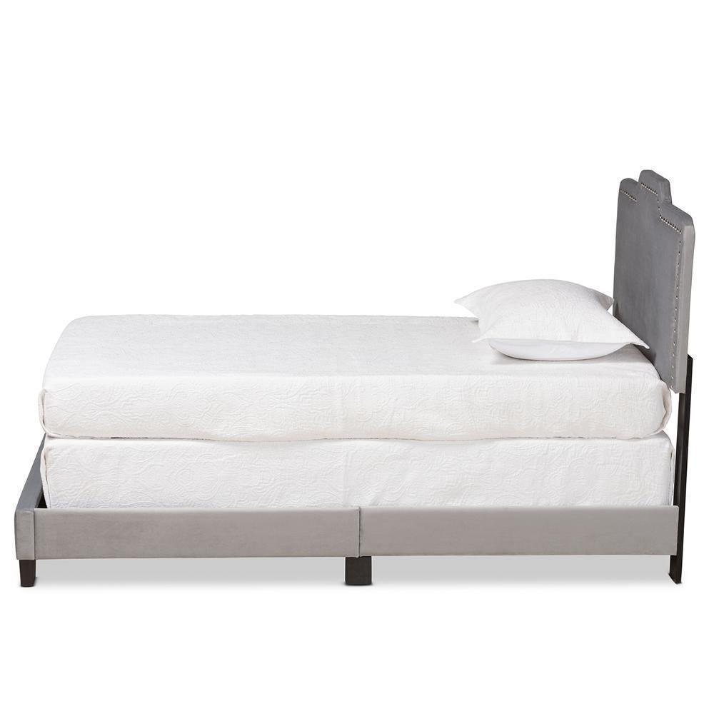 Benjen Modern and Contemporary Glam Grey Velvet Fabric Upholstered Twin Size Panel Bed FredCo