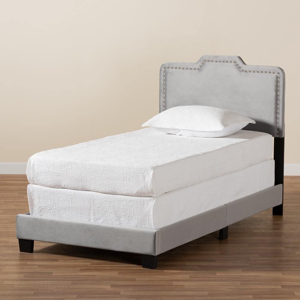 Benjen Modern and Contemporary Glam Grey Velvet Fabric Upholstered Twin Size Panel Bed FredCo