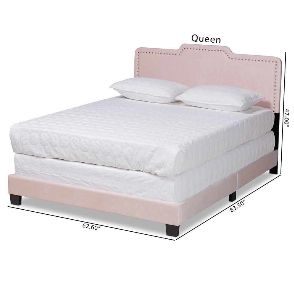 Benjen Modern and Contemporary Glam Light Pink Velvet Fabric Upholstered Queen Size Panel Bed FredCo