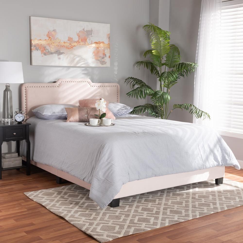 Benjen Modern and Contemporary Glam Light Pink Velvet Fabric Upholstered Queen Size Panel Bed FredCo