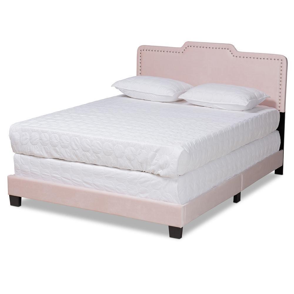 Benjen Modern and Contemporary Glam Light Pink Velvet Fabric Upholstered Queen Size Panel Bed FredCo