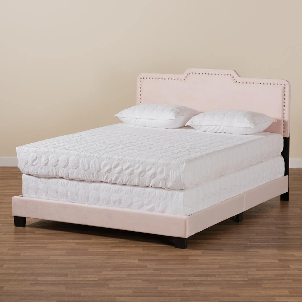 Benjen Modern and Contemporary Glam Light Pink Velvet Fabric Upholstered Queen Size Panel Bed FredCo