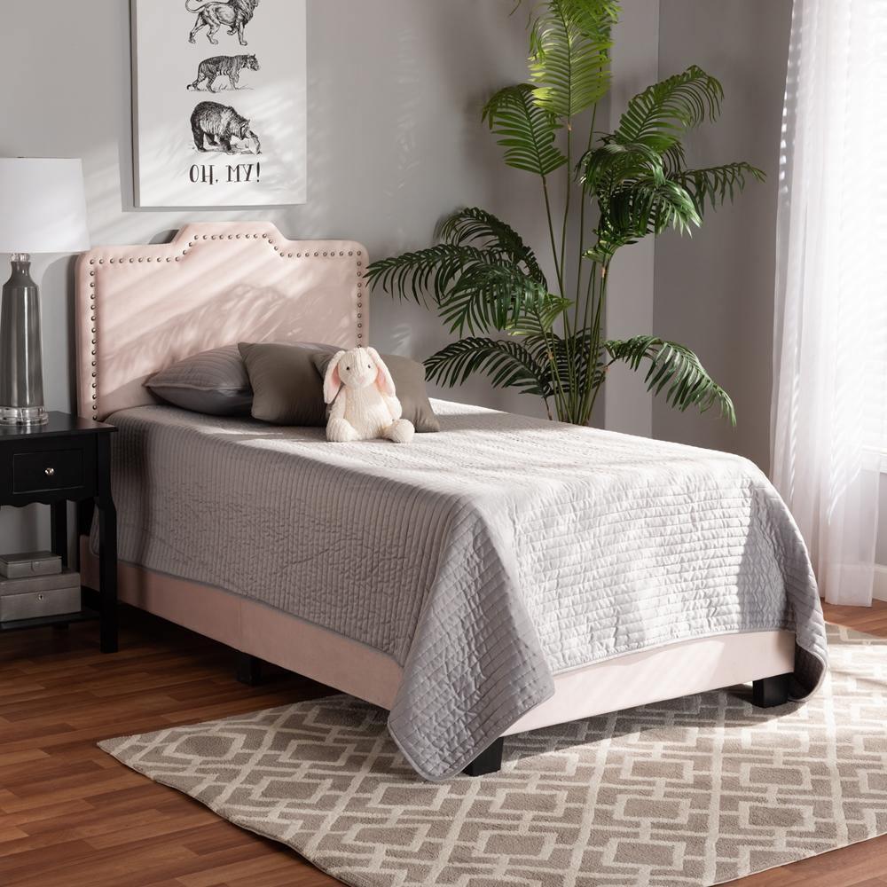 Benjen Modern and Contemporary Glam Light Pink Velvet Fabric Upholstered Twin Size Panel Bed FredCo