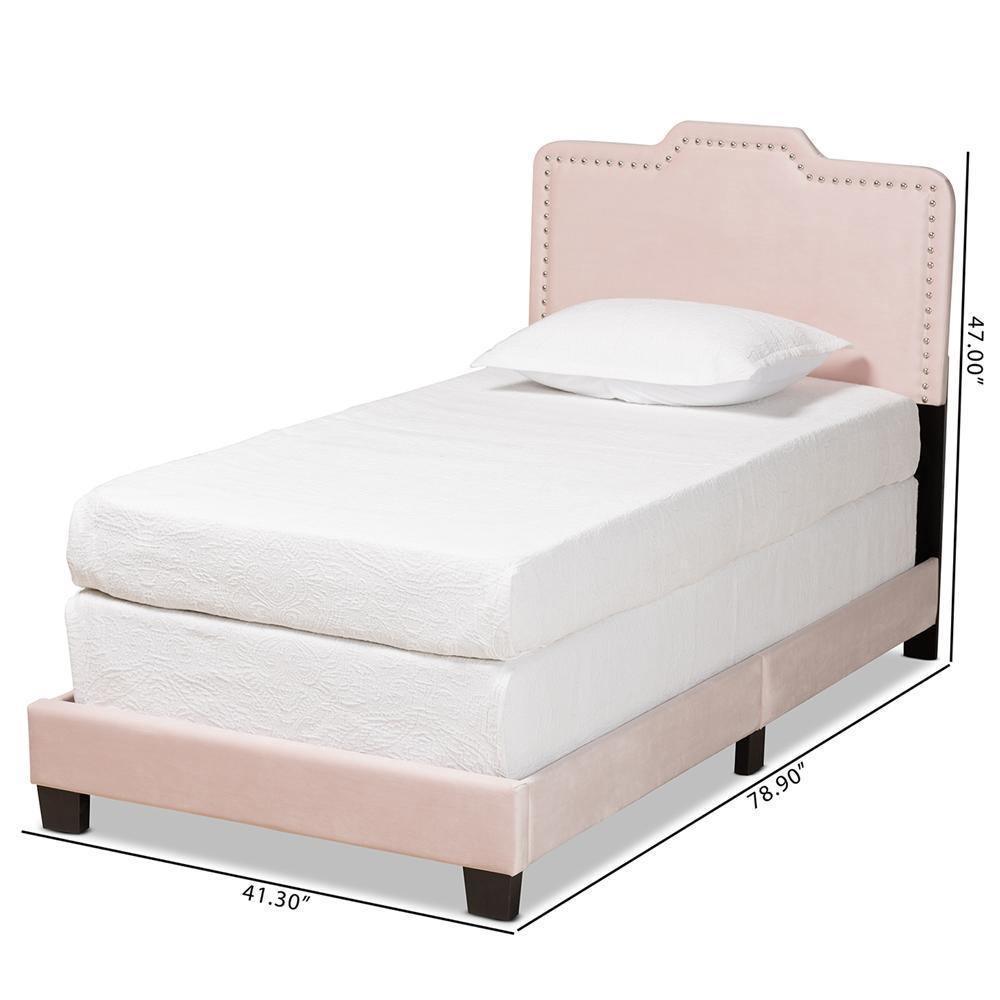 Benjen Modern and Contemporary Glam Light Pink Velvet Fabric Upholstered Twin Size Panel Bed FredCo