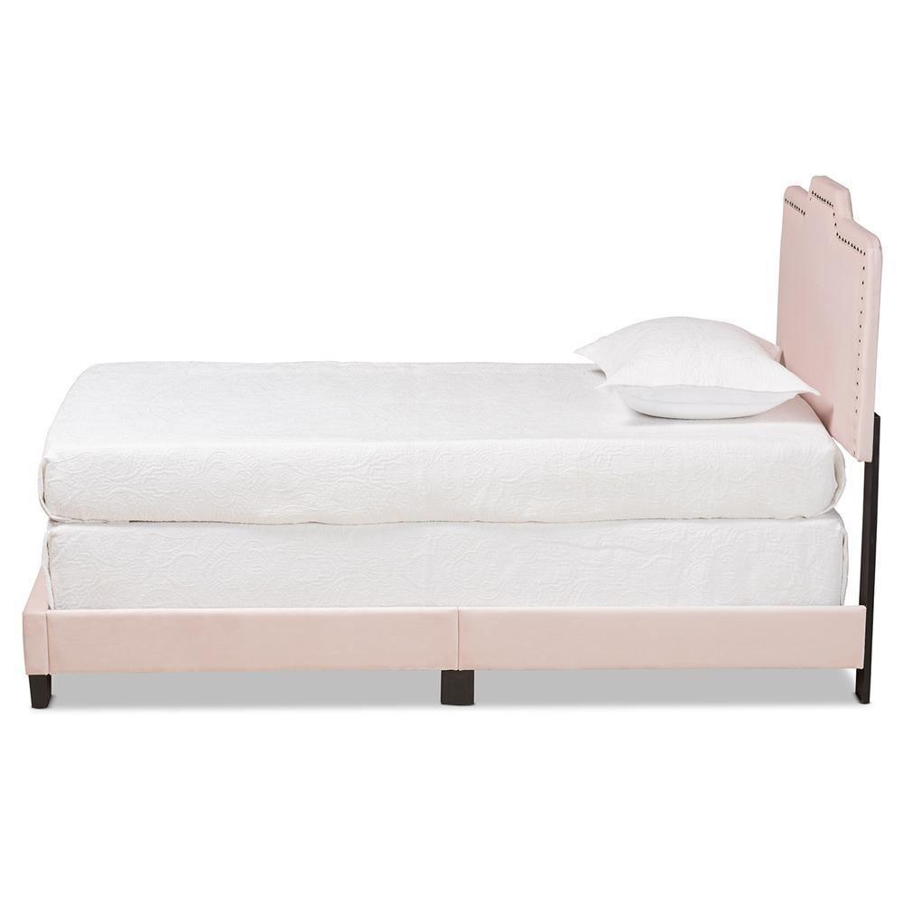 Benjen Modern and Contemporary Glam Light Pink Velvet Fabric Upholstered Twin Size Panel Bed FredCo