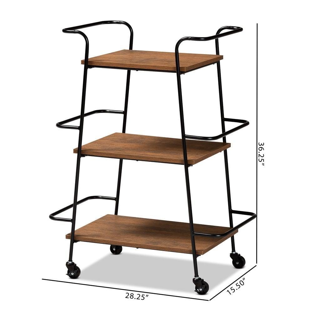 Bernard Rustic Industrial Black Metal and Walnut Finished Wood 3-Tier Small Mobile Wine Bar Cart FredCo
