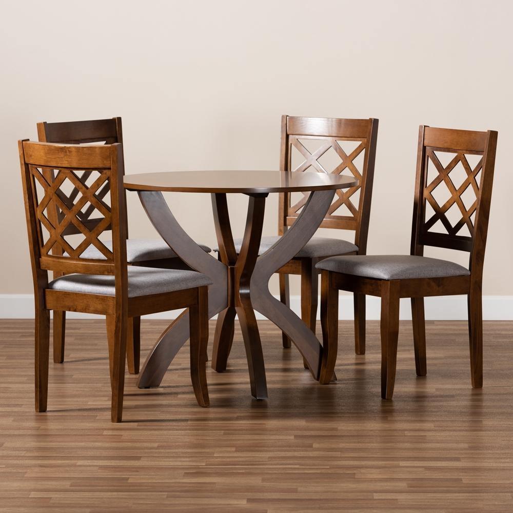Beth Modern and Contemporary Grey Fabric Upholstered and Walnut Brown Finished Wood 5-Piece Dining Set FredCo