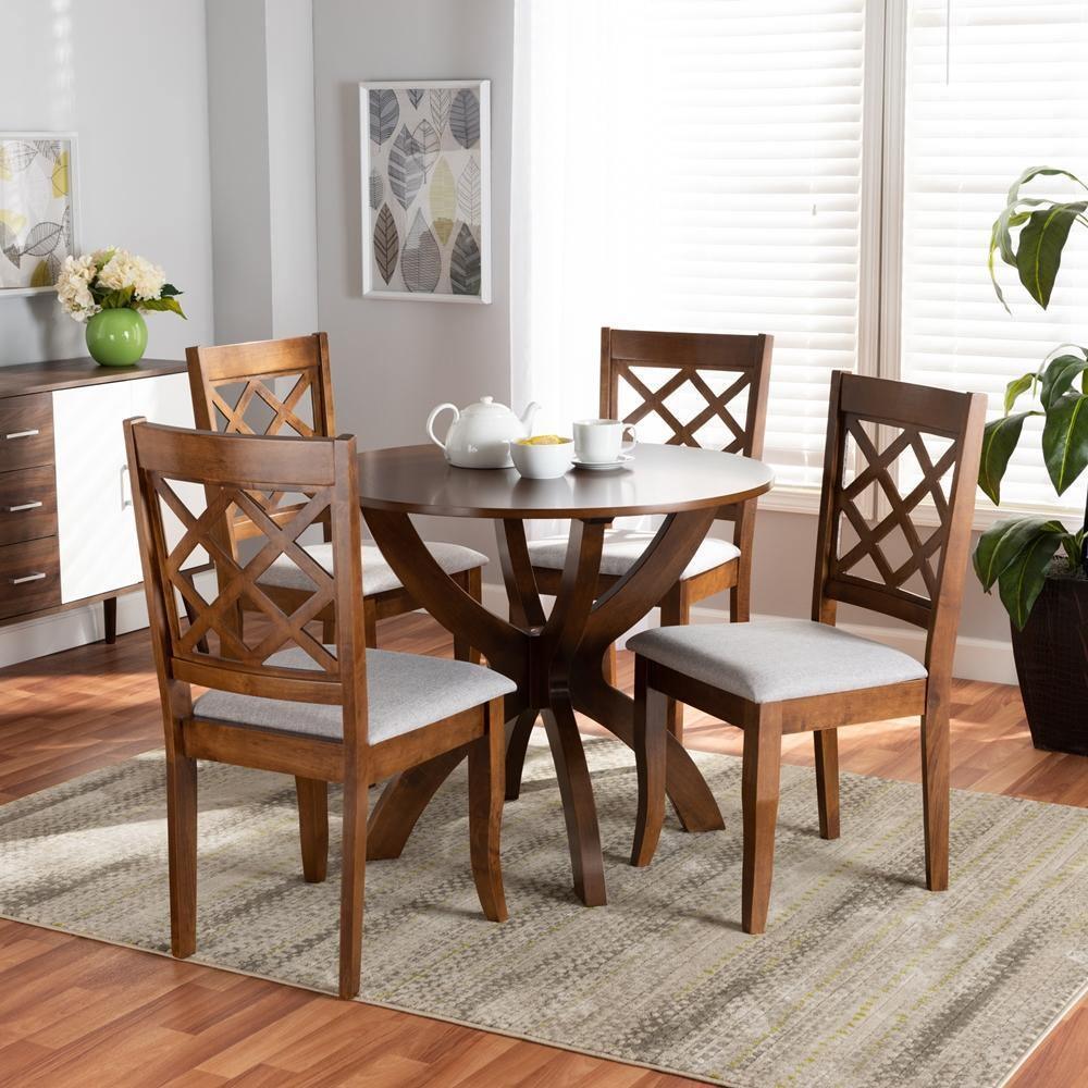 Beth Modern and Contemporary Grey Fabric Upholstered and Walnut Brown Finished Wood 5-Piece Dining Set FredCo
