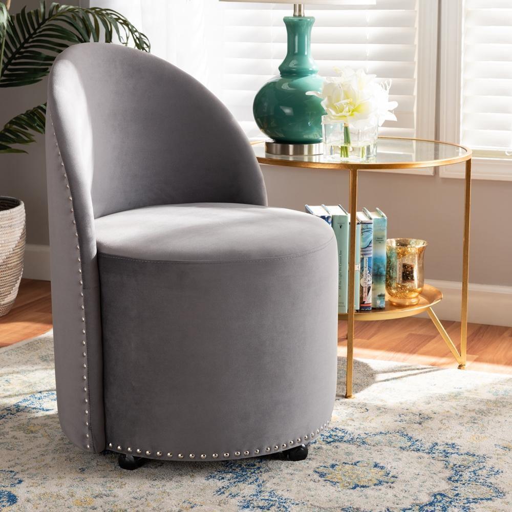 Bethel Glam and Luxe Grey Velvet Fabric Upholstered Rolling Accent Chair FredCo