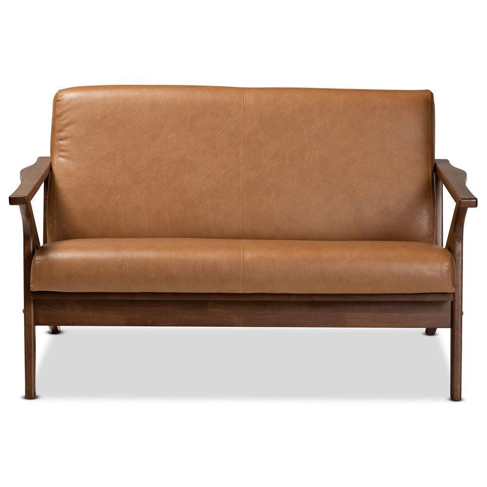 Bianca Mid-Century Modern Walnut Brown Finished Wood and Tan Faux Leather Effect Loveseat FredCo