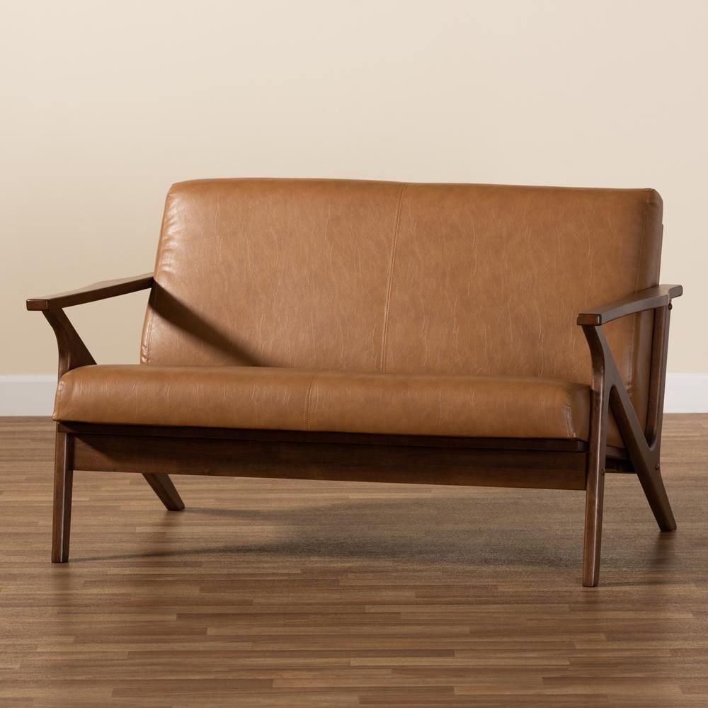 Bianca Mid-Century Modern Walnut Brown Finished Wood and Tan Faux Leather Effect Loveseat FredCo