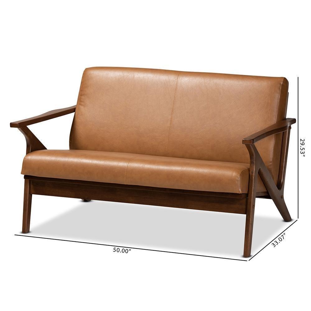 Bianca Mid-Century Modern Walnut Brown Finished Wood and Tan Faux Leather Effect Loveseat FredCo