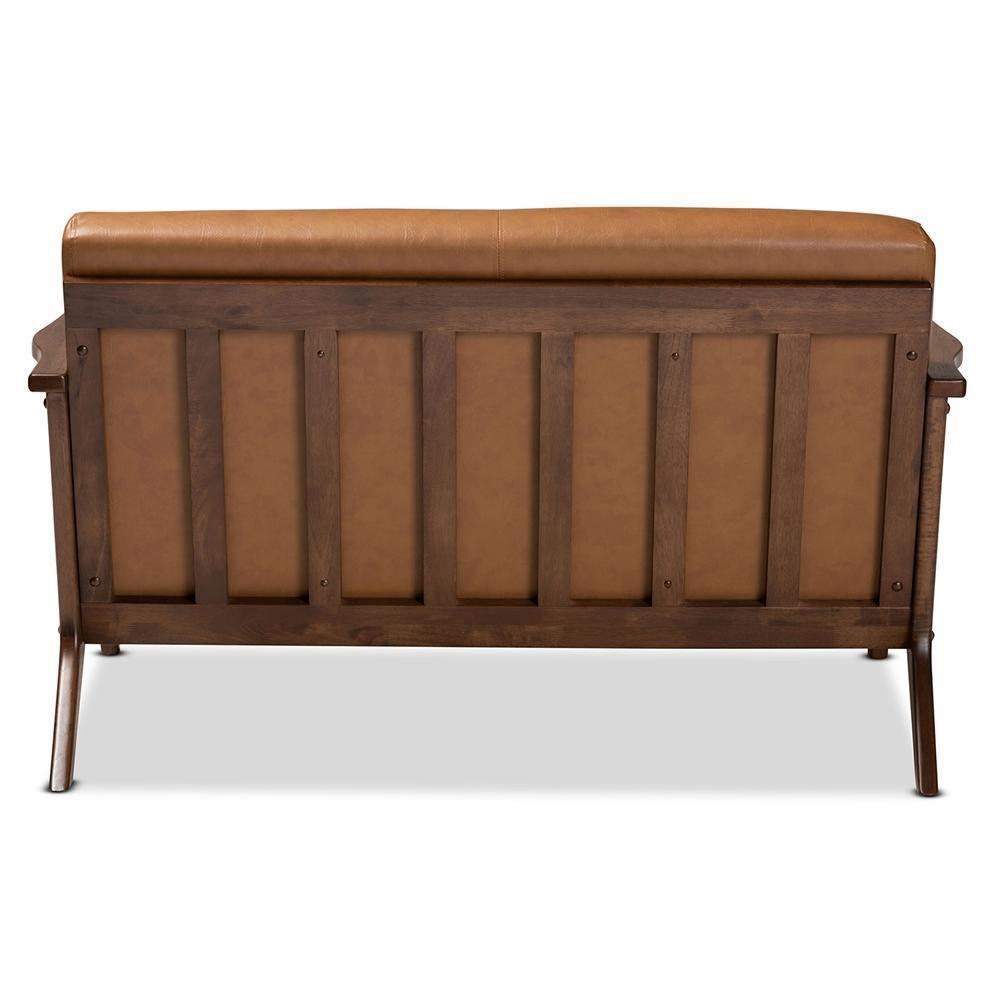 Bianca Mid-Century Modern Walnut Brown Finished Wood and Tan Faux Leather Effect Loveseat FredCo