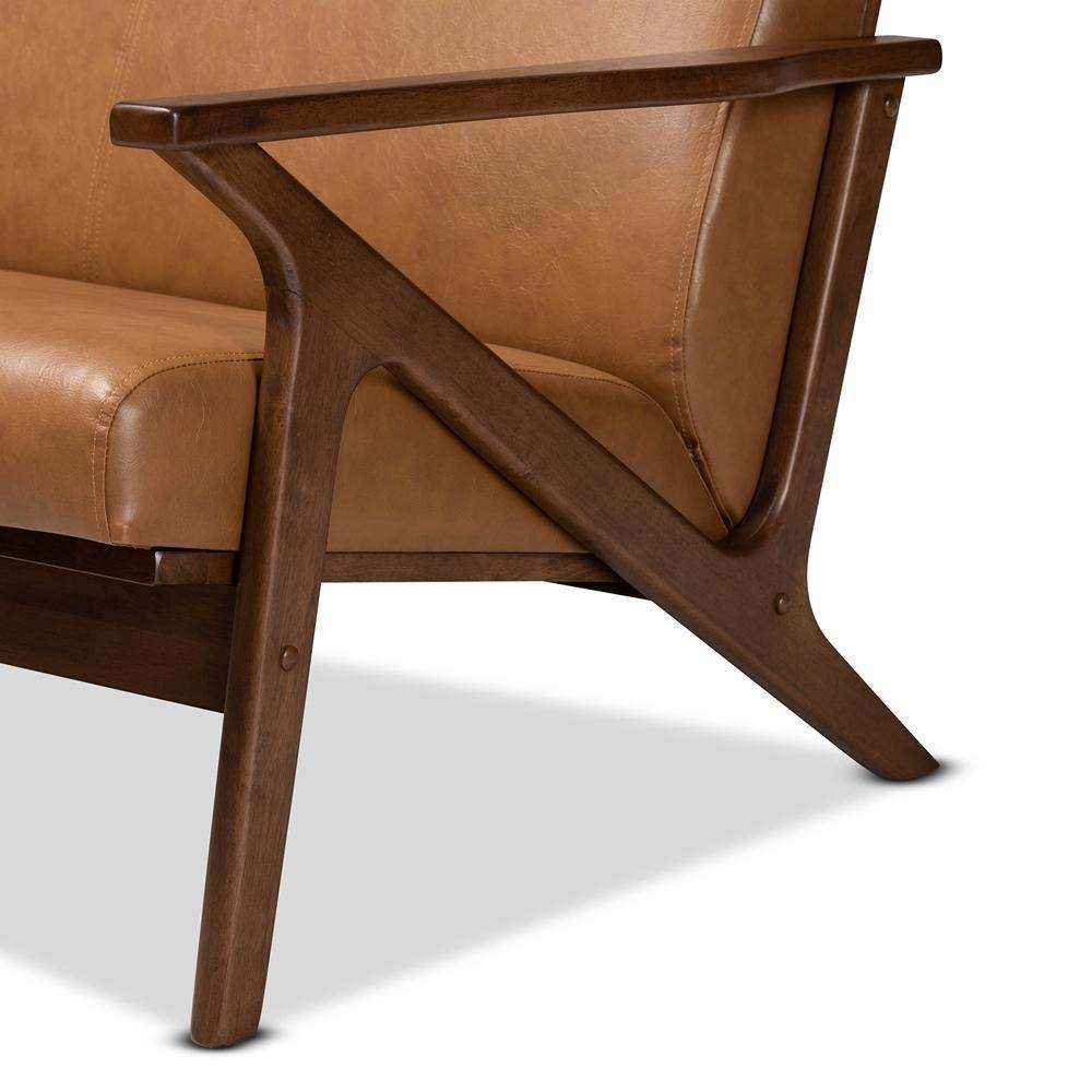 Bianca Mid-Century Modern Walnut Brown Finished Wood and Tan Faux Leather Effect Loveseat FredCo
