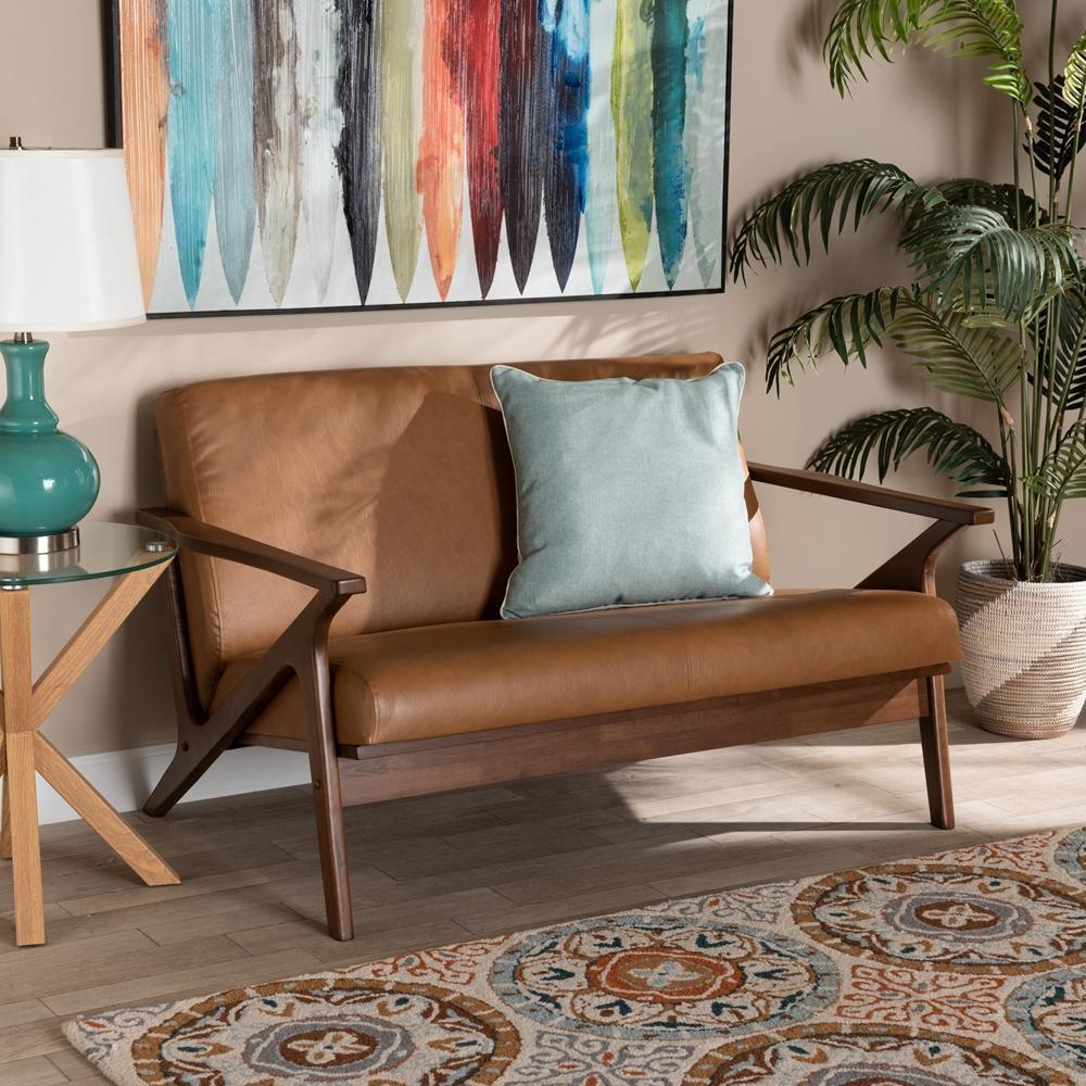 Bianca Mid-Century Modern Walnut Brown Finished Wood and Tan Faux Leather Effect Loveseat FredCo