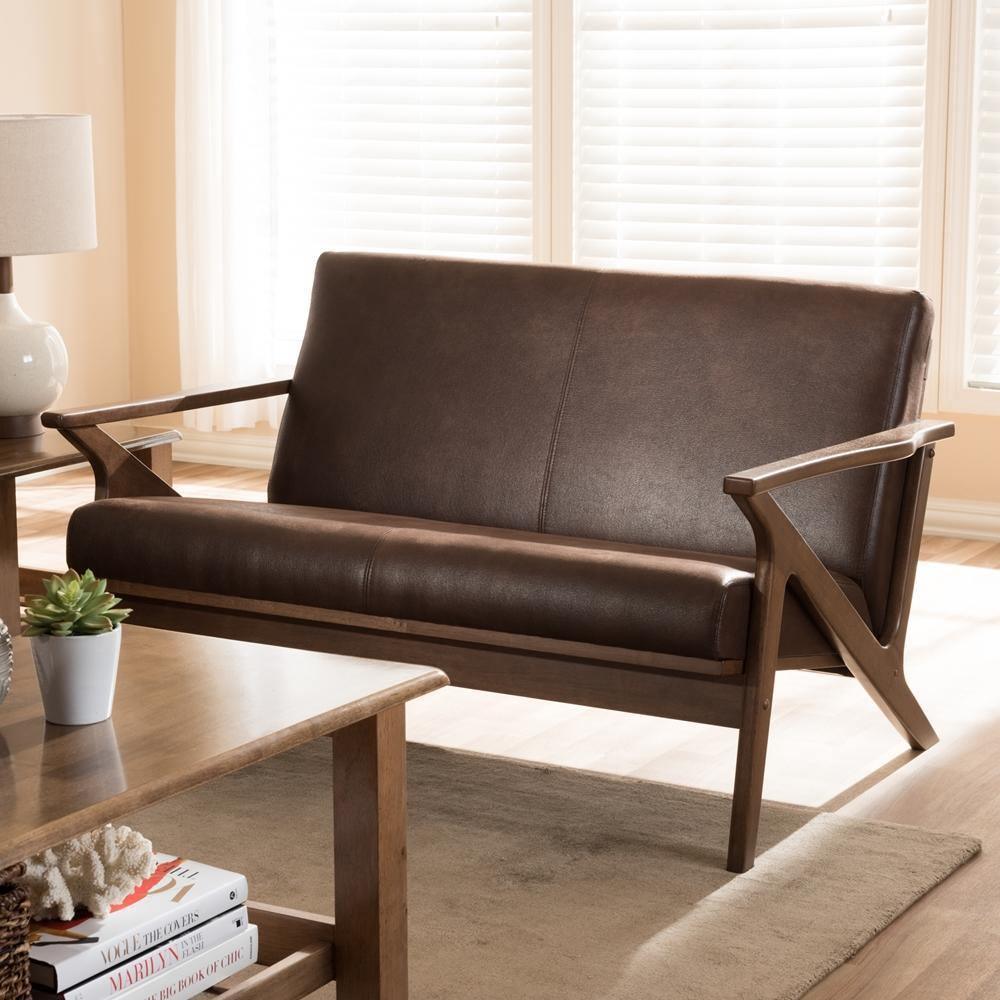 Bianca Mid-Century Modern Walnut Wood Dark Brown Distressed Faux Leather 2-Seater Loveseat FredCo