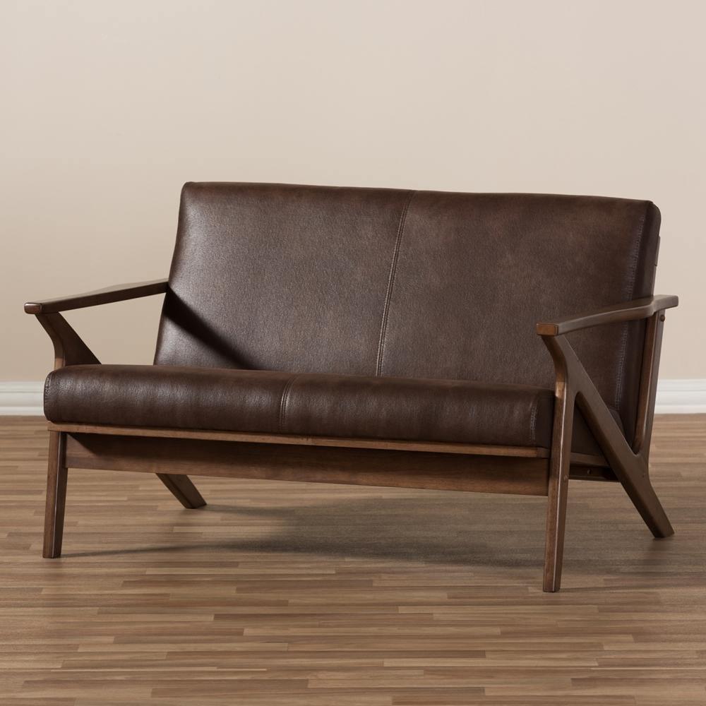 Bianca Mid-Century Modern Walnut Wood Dark Brown Distressed Faux Leather 2-Seater Loveseat FredCo
