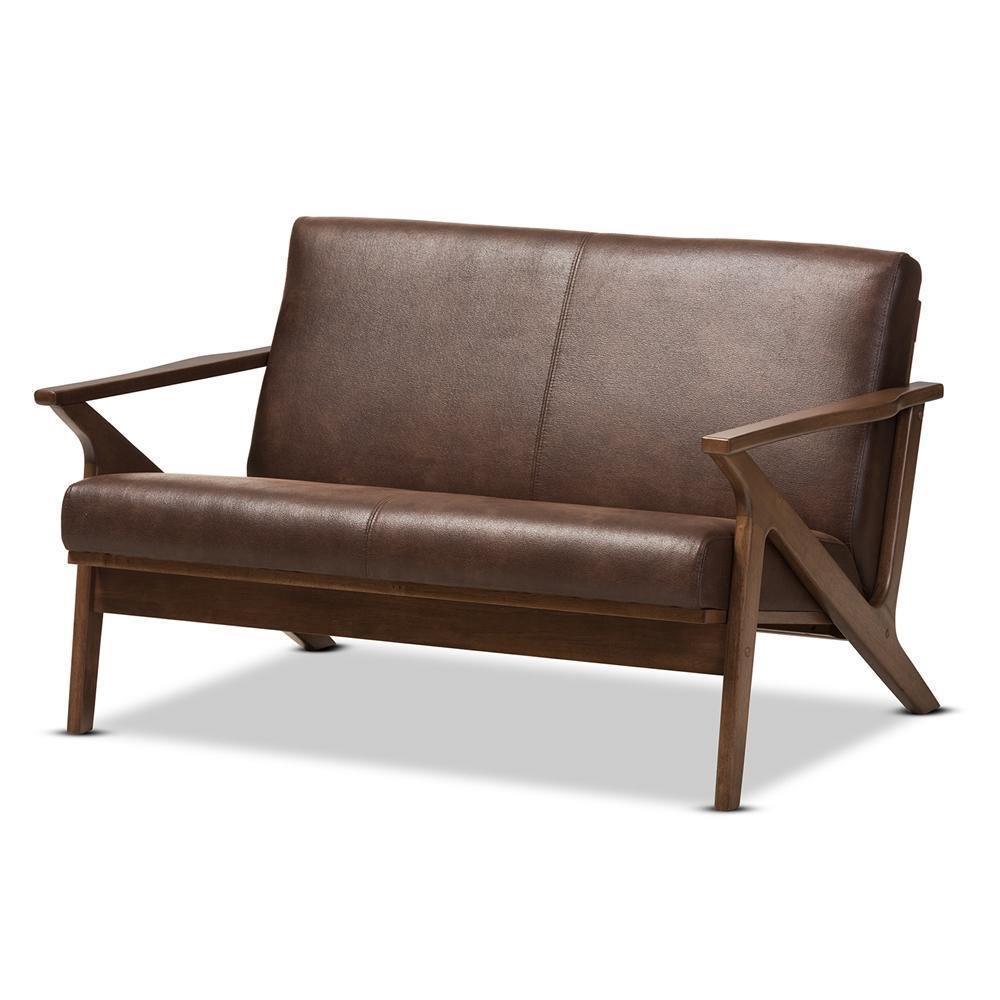 Bianca Mid-Century Modern Walnut Wood Dark Brown Distressed Faux Leather 2-Seater Loveseat FredCo