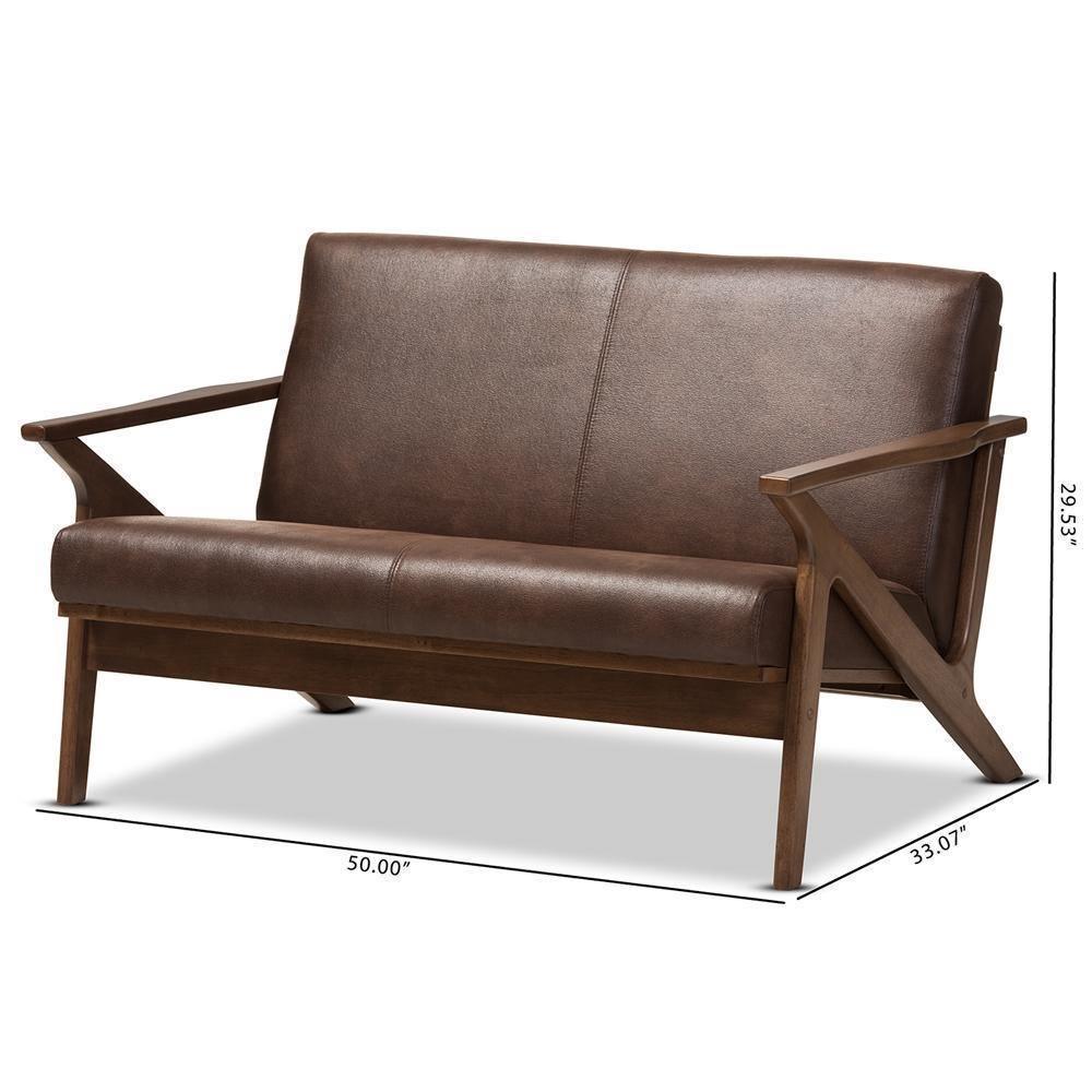 Bianca Mid-Century Modern Walnut Wood Dark Brown Distressed Faux Leather 2-Seater Loveseat FredCo