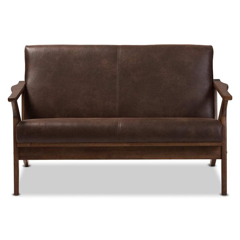 Bianca Mid-Century Modern Walnut Wood Dark Brown Distressed Faux Leather 2-Seater Loveseat FredCo