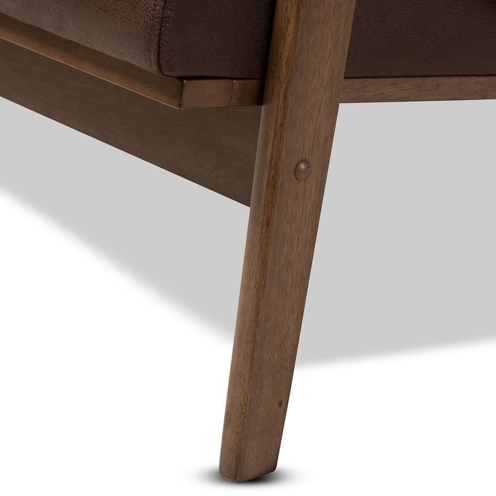 Bianca Mid-Century Modern Walnut Wood Dark Brown Distressed Faux Leather 2-Seater Loveseat FredCo