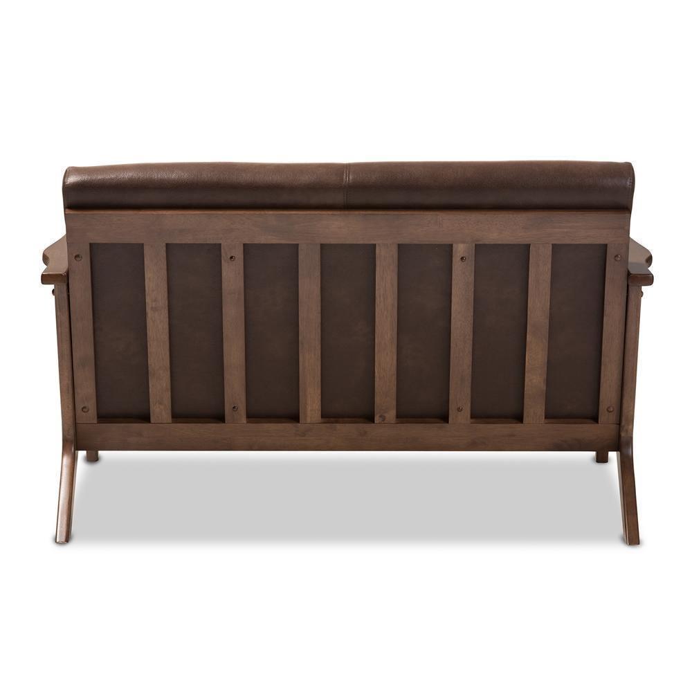 Bianca Mid-Century Modern Walnut Wood Dark Brown Distressed Faux Leather 2-Seater Loveseat FredCo