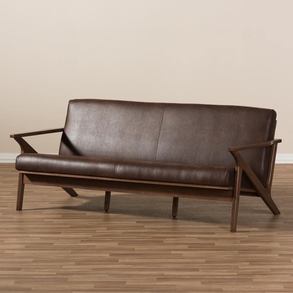 Bianca Mid-Century Modern Walnut Wood Dark Brown Distressed Faux Leather 3-Seater Sofa FredCo