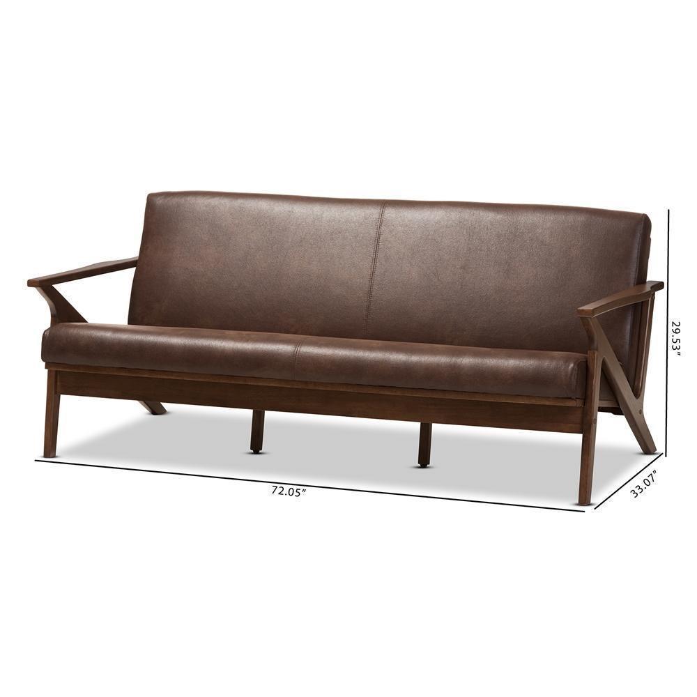 Bianca Mid-Century Modern Walnut Wood Dark Brown Distressed Faux Leather 3-Seater Sofa FredCo