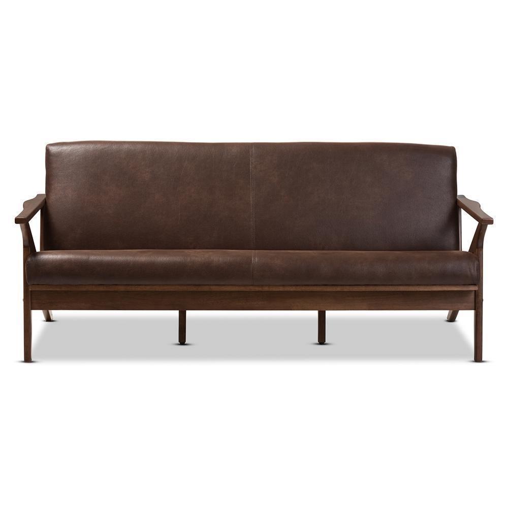 Bianca Mid-Century Modern Walnut Wood Dark Brown Distressed Faux Leather 3-Seater Sofa FredCo