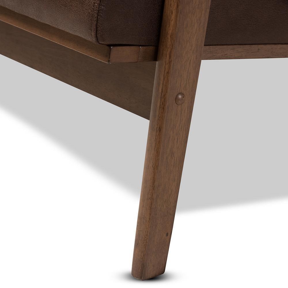Bianca Mid-Century Modern Walnut Wood Dark Brown Distressed Faux Leather 3-Seater Sofa FredCo