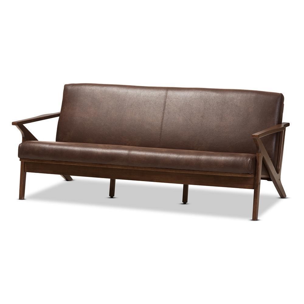 Bianca Mid-Century Modern Walnut Wood Dark Brown Distressed Faux Leather 3-Seater Sofa FredCo