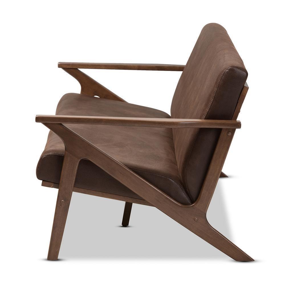 Bianca Mid-Century Modern Walnut Wood Dark Brown Distressed Faux Leather 3-Seater Sofa FredCo