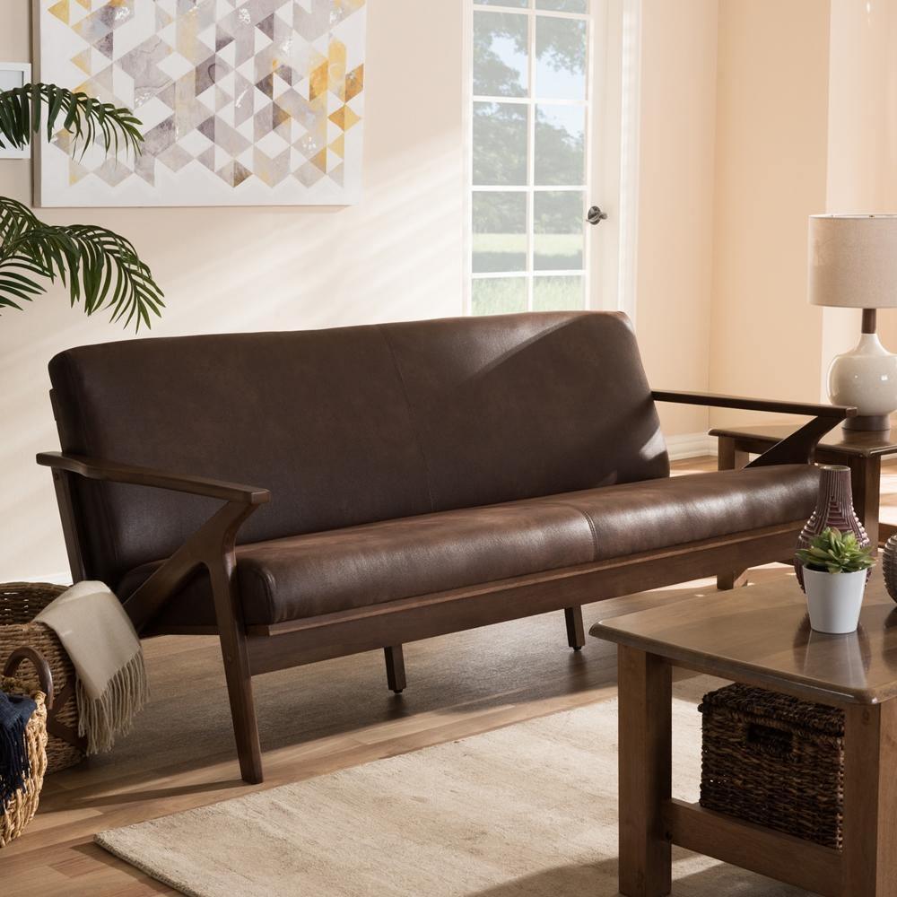 Bianca Mid-Century Modern Walnut Wood Dark Brown Distressed Faux Leather 3-Seater Sofa FredCo