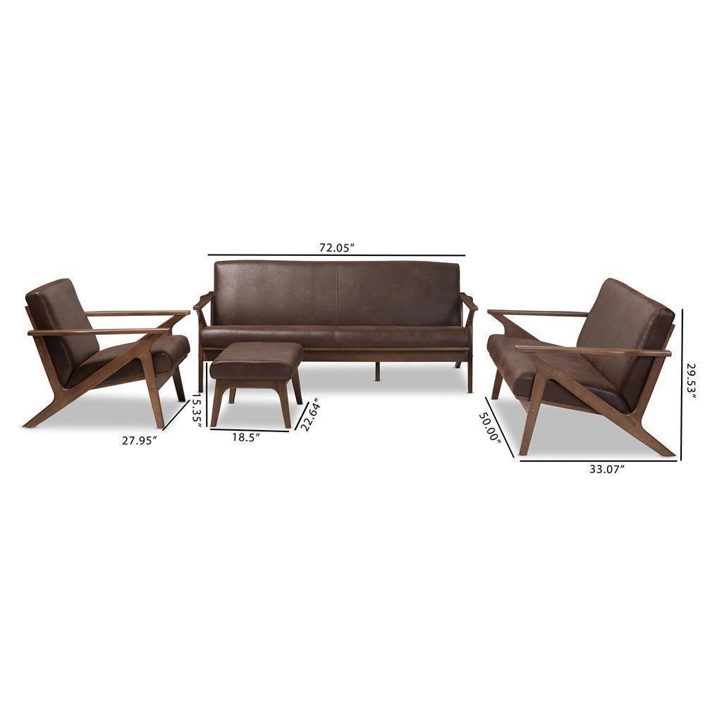 Bianca Mid-Century Modern Walnut Wood Dark Brown Distressed Faux Leather Livingroom Sofa Set FredCo