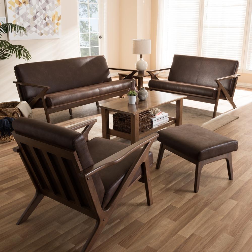 Bianca Mid-Century Modern Walnut Wood Dark Brown Distressed Faux Leather Livingroom Sofa Set FredCo