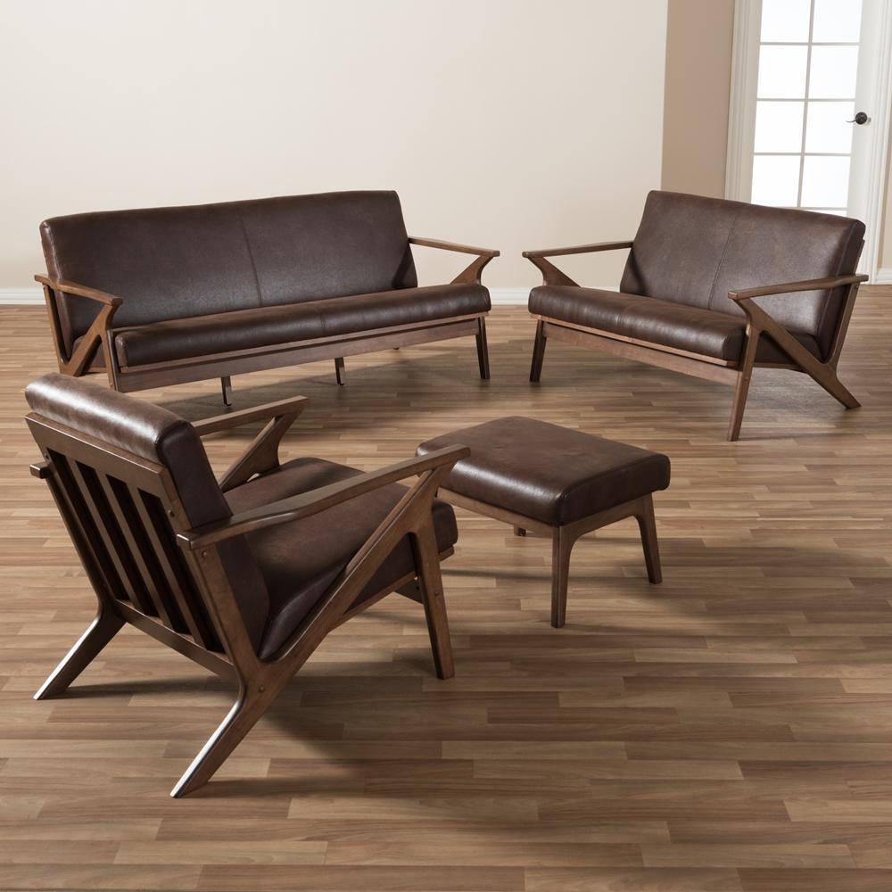 Bianca Mid-Century Modern Walnut Wood Dark Brown Distressed Faux Leather Livingroom Sofa Set FredCo