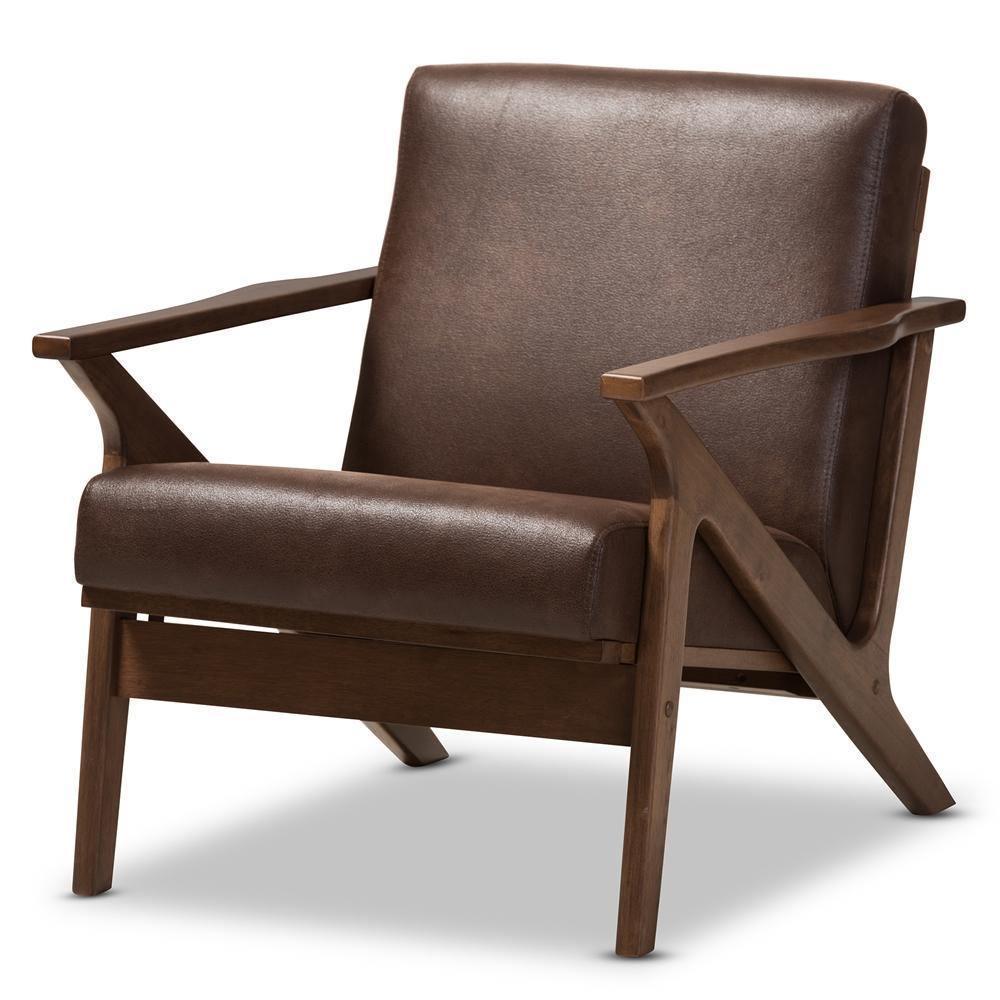 Bianca Mid-Century Modern Walnut Wood Dark Brown Distressed Faux Leather Lounge Chair FredCo