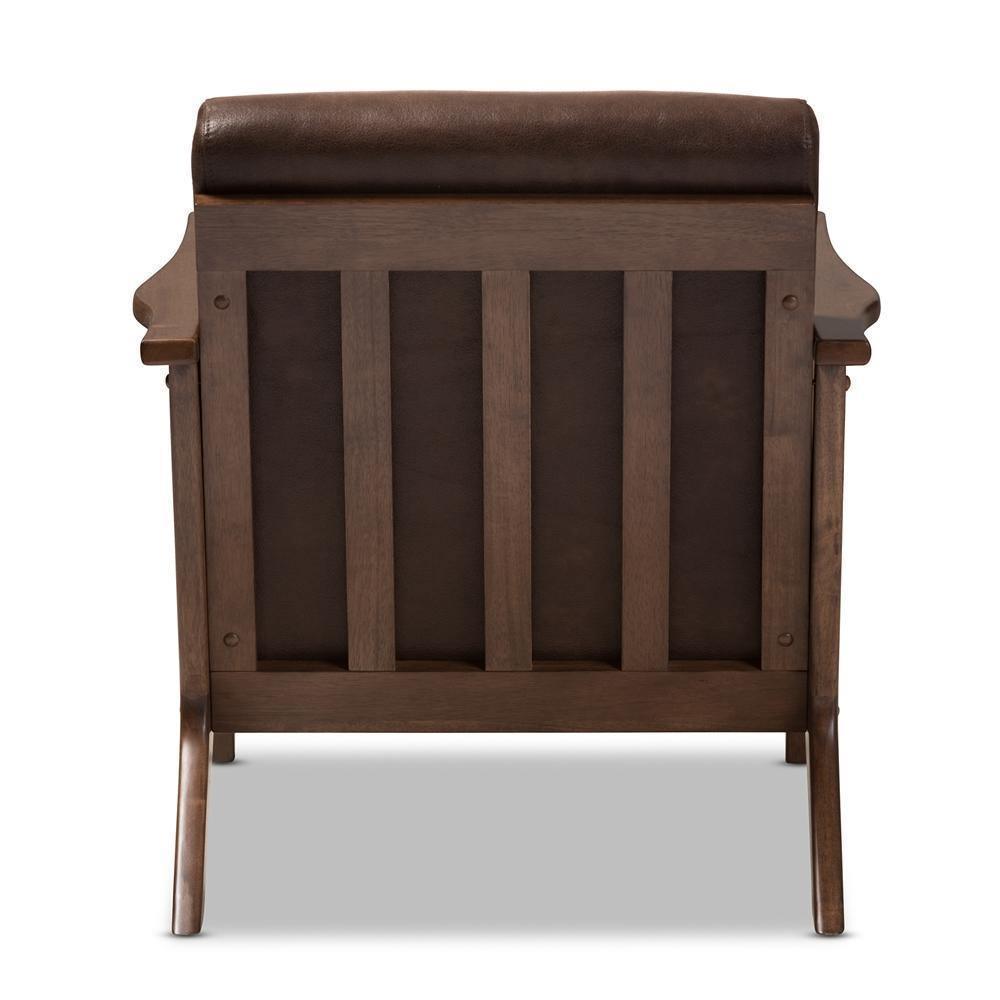 Bianca Mid-Century Modern Walnut Wood Dark Brown Distressed Faux Leather Lounge Chair FredCo