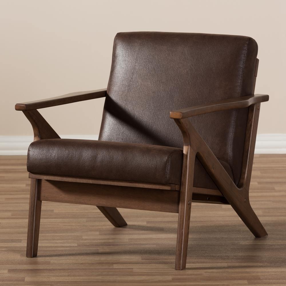 Bianca Mid-Century Modern Walnut Wood Dark Brown Distressed Faux Leather Lounge Chair FredCo
