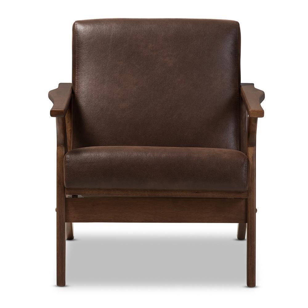 Bianca Mid-Century Modern Walnut Wood Dark Brown Distressed Faux Leather Lounge Chair FredCo