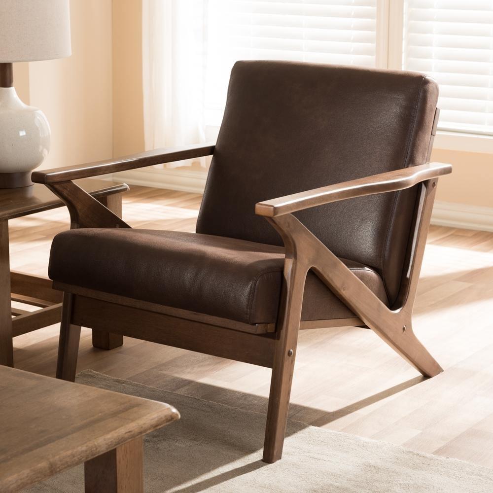 Bianca Mid-Century Modern Walnut Wood Dark Brown Distressed Faux Leather Lounge Chair FredCo