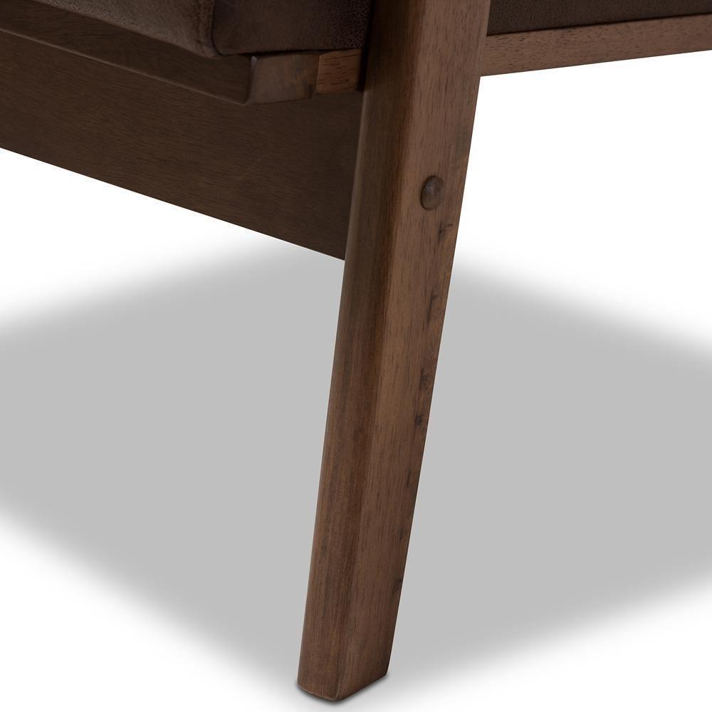 Bianca Mid-Century Modern Walnut Wood Dark Brown Distressed Faux Leather Lounge Chair FredCo